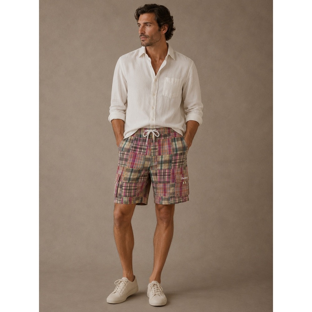 Cremieux Swim Trunks Mens L Multicolor Patchwork Plaid Cargo Preppy Old Money